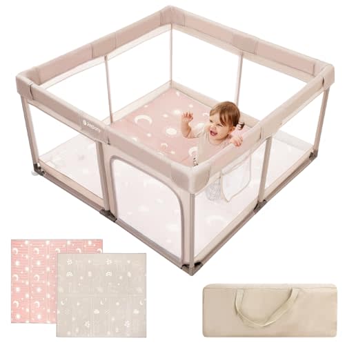 Joypony Baby Playpen with Mat, 50x50 in Small Play Pen for Babies, Toddler Playpen for Apartment, Indoors Play Yard with Soft Breathable Mesh (Beige with Mat)