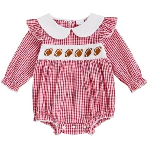 Newborn Baby Girl Football Outfit Embroidery Smocked Bubble Romper Long Sleeve Bodysuit Fall Clothes