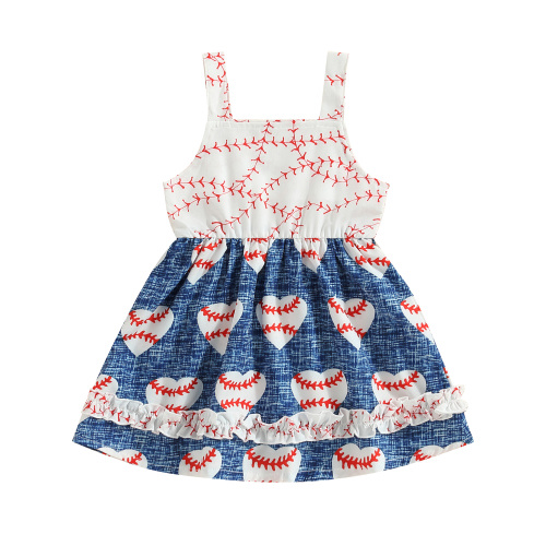 Wallarenear Baby Girl Summer A-line Dress Sleeveless Sling Heart Baseball Print Mini Dresses