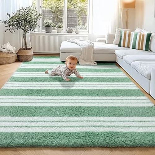 KICMOR Living Room Rug, Soft Fluffy 5x8 Sage Green and White Shag Area Rug Large Plush Fuzzy Shaggy Bedroom Carpet, Indoor Striped Floor Rugs for Kids Boys Girls Dorm Nursery Home Decor Aesthetic
