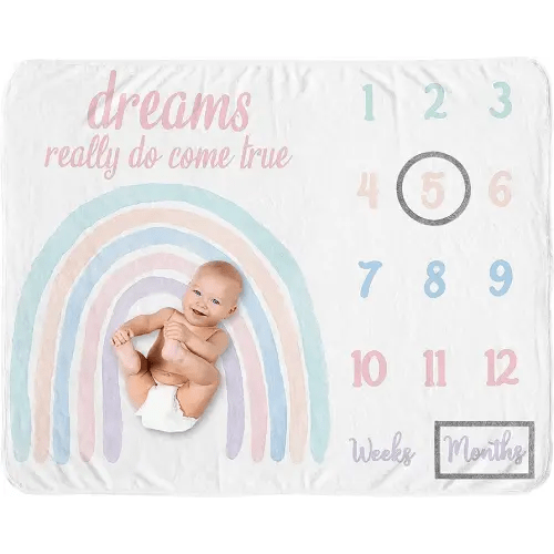 Sweet Jojo Designs Pastel Rainbow Girl Milestone Blanket Monthly Newborn First Year Growth Mat Baby Shower Memory Keepsake Gift Picture - Blush Pink Purple Teal Blue and White Watercolor Dreams