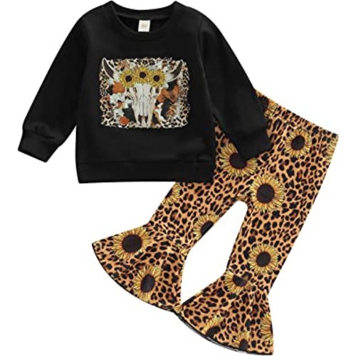 Kaipiclos Toddler Bell Bottoms Western Baby Girl Clothes Cow Print Baby Sweatshirt Pullover Top Flare Pants Fall Outfits