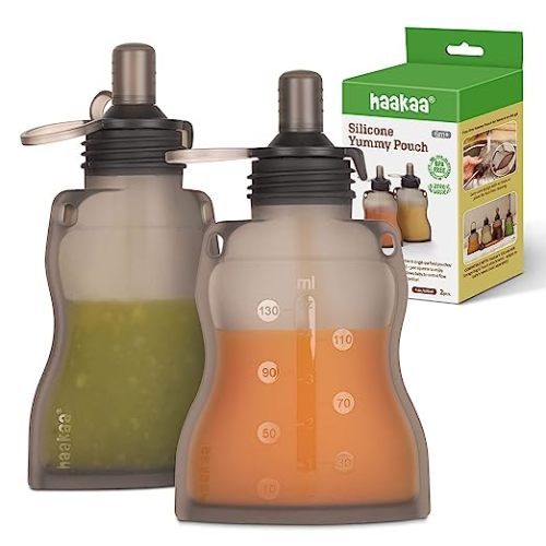 Haakaa Yummy Pouch Reusable Baby Food Pouch, Baby Food Storage Kids Squeezable Pouch, Washable Freezer - Make Homemade Organic Food for Babies/Toddlers, 4oz, 2 Pack,6m+ - Gray(Pack of 2) - 2-Pack