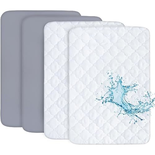 Pack and Play Sheets and Waterproof Pack n Play Mattress Protector Pad Cover 4 Pack Set, Ultra Soft Pack n Play Mattresses Sheets Compatible with Graco Pack n Play, Grey