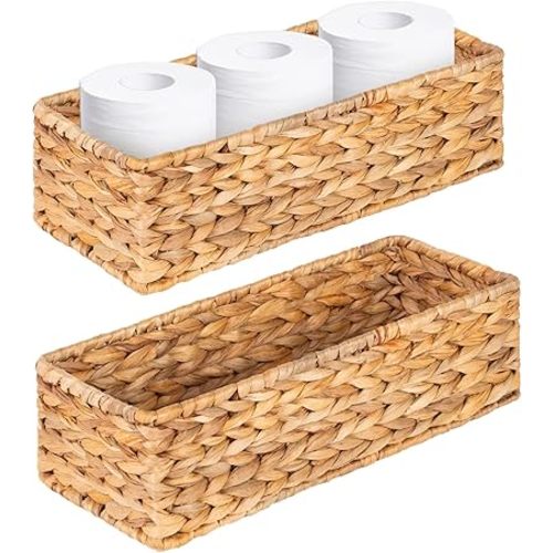 Small Wicker Baskets 2 Pack, Hand Woven Toilet Basket Tank Topper, Toilet Tank Basket for Bathroom Organizing, Water Hyacinth Storage Baskets for Toilet Paper (14.4"Lx6.1"Wx4.4"H)