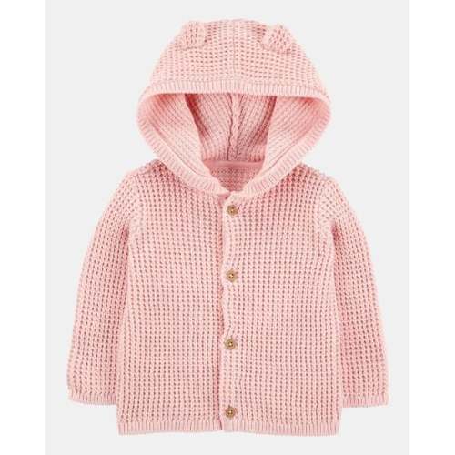 Baby Hooded Waffle Knit Cardigan - Pink | Carter's