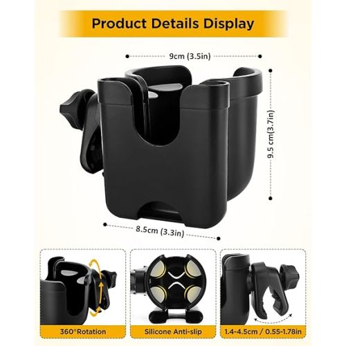 Universal Stroller Cup Holder with Mobile Phone Case, 2-in-1 Strollers Storage Rack, 360 Degrees Rotation Drink Holder for Bike, Pushchair, Wheelchair, Walker,Bicycle, Fits Most Cups - GREEN
