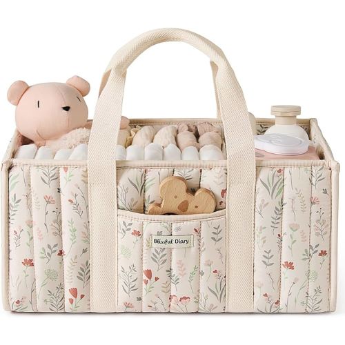 Blissful Diary Floral Diaper Caddy Organizer, Stylish Nursery Storage Basket, Gift for Baby Shower, Newborn Essentials, Floral Beige