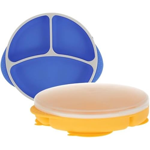 Nuby Silicone Round Suction Plate with Lid - Dishwasher-Safe Baby and Toddler Plate - 6+ Months - Blue and Yellow - Back to School Essentials