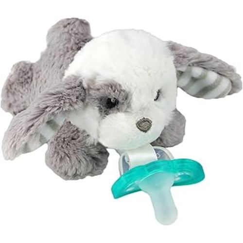 RaZbaby JollyPop Pacifier, Holder w/Detachable Baby Pacifier, Stuffed Animal RaZbuddy, All Ages 0M+, 100% Medical Grade USA Made Silicone, Machine Washable, Textured & Easy to Hold – Puppy