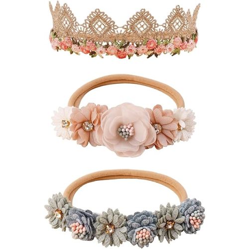 Baby Girl Nylon Headbands Flower Hair Bows Accessories-Elastic Hair Band Crown Handmade FLoral Wraps Birthday Gifts for Girls Newborn Infant Toddler 3Pcs