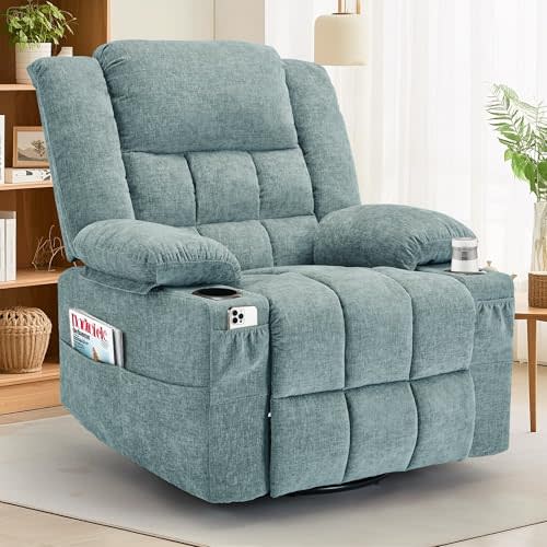 Korser Adult 360° Swivel Rocking Recliner, Baby Room Glider Recliner with Massage and Heating, Rocking Chair with Cup Holder, Living Room and Bedroom Manual Chair (Fabric, Lake Blue)