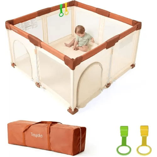 Tinyiota Foldable Baby Playpen, 50x50 Inch Portable Play Yard for Babies and Toddlers with Soft Breathable Mesh, Storage Bag & 2 Pull-Toy Handles for Indoor & Outdoor (Brown, 50x50)