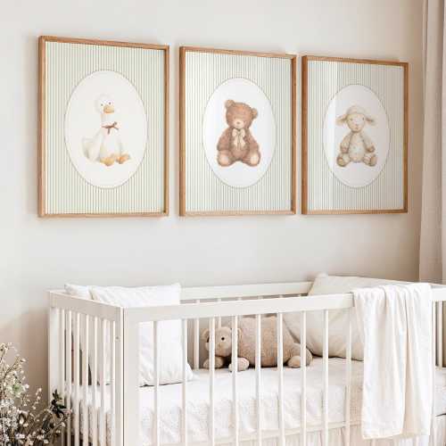 Nursery Print Set Animals, Cottagecore Gender Neutral Baby Room Prints, Bear, Goose, Lamb Wall Art Set of 3
