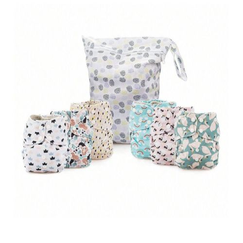 6ct Reusable Cloth Diapers, One Size Adjustable, Washable Soft Absorbent, Waterproof Cover, 4-Layers Microfiber Inserts (Whimsical) - Simple Being