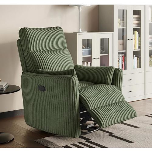 LINSY 360 Swivel Rocking Recliner Chair - Corduroy Nursery Glider Rocker Chair with 2 Pillows, Comfy Upholstered High Back Adult Reclining Chairs for Nursing Use Bedroom Living Room
