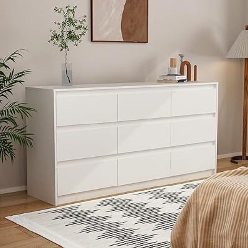 Homsee 9 Drawers Double Dresser, Modern Wood Dresser Chest of Drawers with Large Storage Space for Bedroom, White (63”L x 15.7”W x 31.5”H)