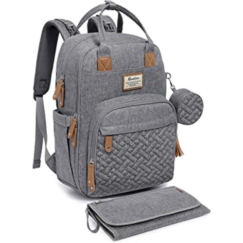 RUVALINO Diaper Bag Backpack, Neutral All-in-One Baby Bags for Boy Girl, Multifunction Large Travel Backpack with Portable Changing Pad, Stroller Straps, Pacifier Case and Insulated Pockets, Gray
