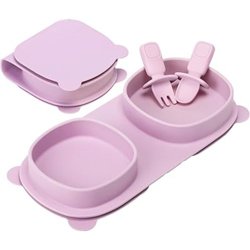 Toddler Plates Travel Essential on the go,Baby Plates with Suction - Forks & Spoons Self Feeding 6 months,Foldable,Silicone,BPA Free,Purple