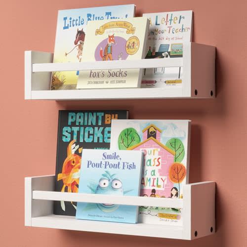 Boswillon Nursery Book Shelves, 15 Inches Floating Kids Bookshelves for Wall Set of 2, Baby Room Wall Decor, Wall Mounted Wood Shelves for Books, Toys and Wall Storage - White