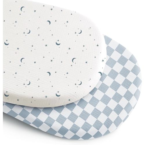 Konssy 2-Pack Muslin Bassinet Sheets - Dreamfield Sky, Baby Blue Plaid