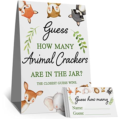 Guess How Many Animal Crackers are in the Jar，Watercolor Woodland Animals Baby Shower Decorations，(1 Sign+50 Cards), How Many Animal Crackers Birthday, Christmas, Funny Party Game