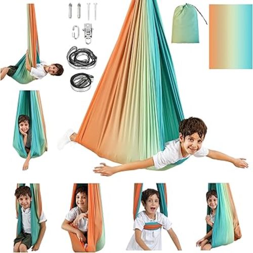 SUCHDECO Sensory Swing Indoor Outdoor for Kids, Therapy Swing for Kids, Swing Hammock for Child & Adult with Autism（Double Layer）, Blue-orange