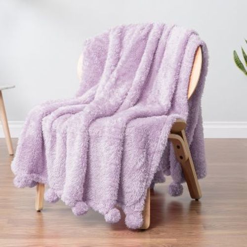 Pavilia Fluffy Throw Blanket With Pompom, Lightweight Soft Plush Cozy Warm Pom Pom Fringe For Couch Sofa Bed, Lavender Purple/throw - 50x60