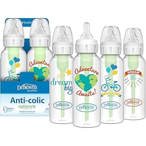 Dr. Brown's Natural Flow Anti-Colic Options+ Narrow Baby Bottle, Dream Adventure, 8 oz/250 mL, with Level 1 Slow Flow Nipple, 0m+, 4 Count (Pack of 1)