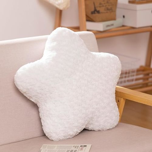 Star Pillow, Decorative Throw Pillows for Couch Bed Sofa, Cute 15.7" Star Shaped Pillow with Soft Faux Fur Room Decor for Bedroom Living Room (White) - 15.7 Inches