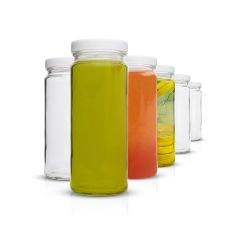 All About Juicing Clear Glass Water Bottles Set - 6 Pack Wide Mouth with Lids for Juice, Smoothies, Beverage Storage - 16 oz, Durable, Reusable, Dishwasher Safe, Leak Proof (White Caps)
