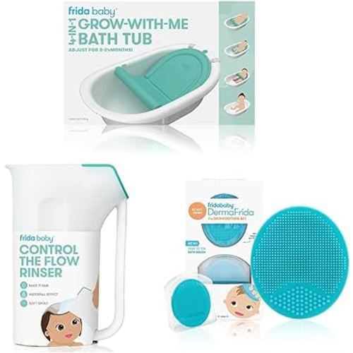 Frida Baby 4-in-1 Grow-with-Me Bath Tub & Control The Flow Polypropylene ABS Rinser & DermaFrida The SkinSoother Baby Bath Silicone Brush| Baby Essential for Dry Skin, Cradle Cap and Eczema (2 Pack)