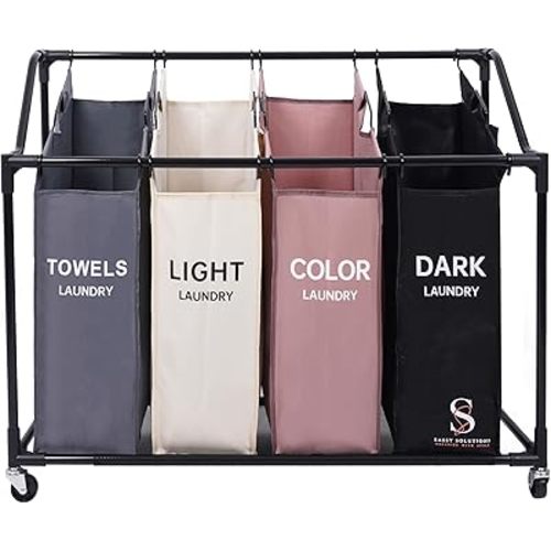 Laundry Sorter - Canvas Rolling Laundry Basket w/Metal Frame - Four-Colored Luxurious Storage Basket - Easy to Install, Sassy Solutions Multi-Colored Four-Section Laundry Sorter