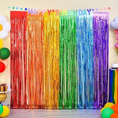 LOLStar Rainbow Photo Booth Props 4 Packs Rainbow Party Decorations 13.2x6.6 ft Foil Fringe Curtains Tinsel Metallic Streamers Holiday Backdrop for Birthday Easter Engagement Bridal Shower Pride