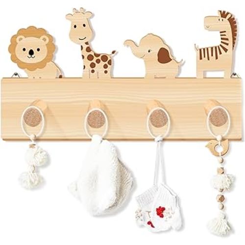Safari Animal Decorative Wall Hook for Kids Jungle Forest Animals Wooden Coat Hook Hanger for Baby Nursery Playroom Bedroom Home Decor with Lion Elephant Zebra Giraffe(Safari Animal)