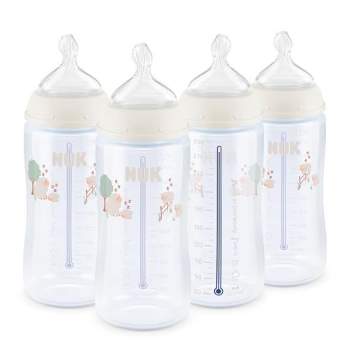 NUK First Choice Smooth Flow Anti-Colic Bottle, Peach, 10 oz. Baby Bottle with SafeTemp Temperature Indicator, Newborn Essentials, 4-Pack