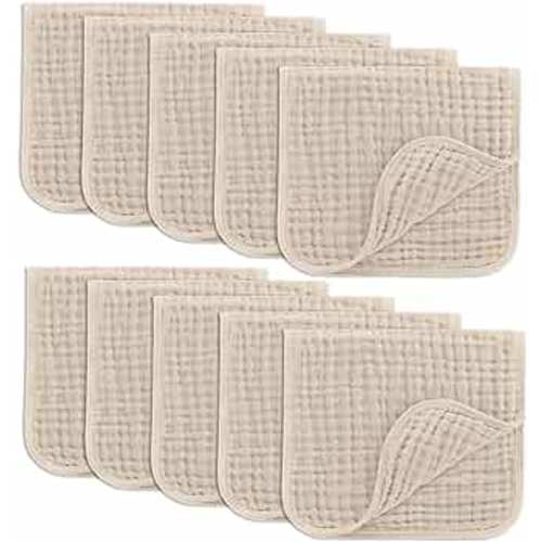 Comfy Cubs Muslin Burp Cloths Set Large 100% Cotton Hand Washcloths for Babies, Baby Essentials 6 Layers Extra Absorbent and Soft Boys & Girls Baby Bibs & Burp Cloths Set (Sand, 10-Pack, 20" X10")