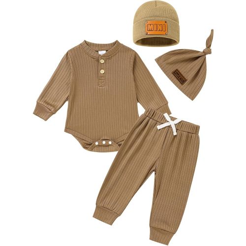 Newborn Baby Boy Girl Clothes Set Ribbed Outfits Solid Long Sleeve Tops Pants Romper Winter Fall Toddler 0-12 Months