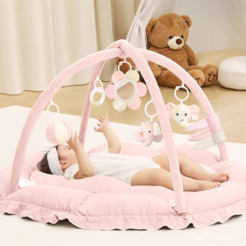 ANGELBLISS 5 in 1 Baby Play Gym Mat, Reversible Tummy Time Mat with 5 Sensory Toys for Stage-Based Developmental, Thick & Large Baby Activity Center from Newborn to Toddler (Pink)