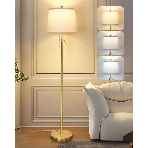 Gold Floor Lamp for Living Room, Tall Standing Lamp with 3 Color Temperatures Modern Brass Floor Lamps for Reading Bedroom Office Lights Corner Night Stand Kids Lamp (9W LED Bulb, White Lampshade)