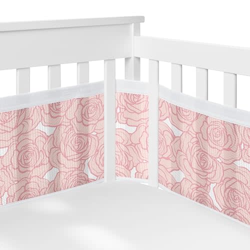 Sweet Jojo Designs + BreathableBaby Pink Floral Rose Girl Breathable Mesh Crib Liner Anti-Bumper Baby Infant Solid Light Blush Flower Luxurious Elegant Princess Vintage Boho Shabby Chic Luxury Roses
