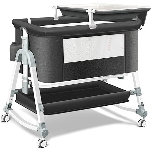 4 in 1 Bedside Bassinet for Baby, Portable Baby Bassinets with Wheels, Baby Crib with Changing Station, Mattress Included and Storage, Foldable Travel Bassinet for Baby/Infant/Newborn- Black