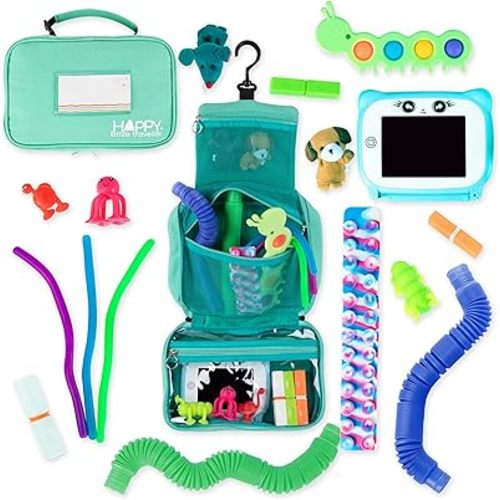 Travel Essentials for Kids – All-in-One Activity Kit for Travel, Road Trip Activities for Kids - Hanging Bag, Includes Toys and Activities for Airplanes, Hotels - Boys & Girls 1-3 Years (Seafoam)