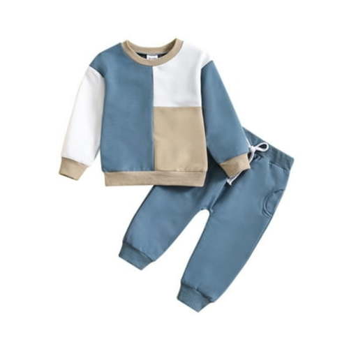 HCNTES Toddler Baby Boy Spring Clothes Color Block Long Sleeve Sweatshirt with Solid Pants 2Pcs Winter Outfits, 3-6 Months Khaki