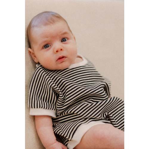 Ezra Waffle Romper in Black Stripes