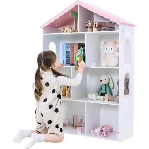 Wooden Dollhouse Bookshelf 4-Tier Children's Bookcase Display Storage Doll House Organizer Furniture for Kids Bedroom Playroom Nursery Kindergarten Gift for Boys Girls Ages 3-8 Years Old