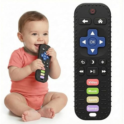 Baby Teething Toys, Remote Control Sensory Teether, Silicone Chew Toy for Teething Relief, BPA-Free Baby Remote Gift for Infants 3-6, 6-12 Months (Black)