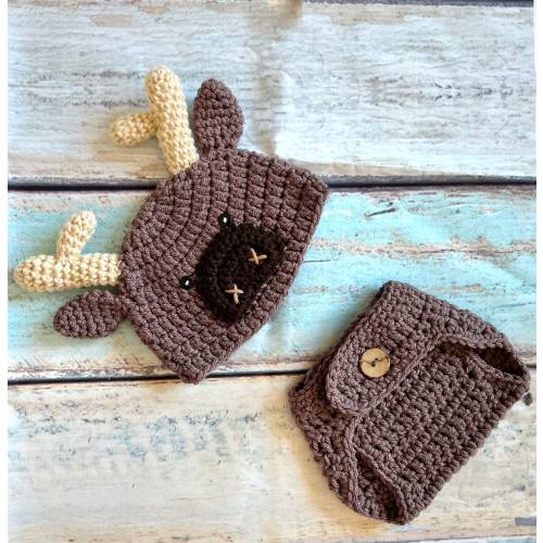 Baby Moose Outfit, Crochet Moose Set, Baby Woodland Hat, Moose Hat, Crochet Baby Outfit, Newborn Photo Prop, Newborn Halloween Costume