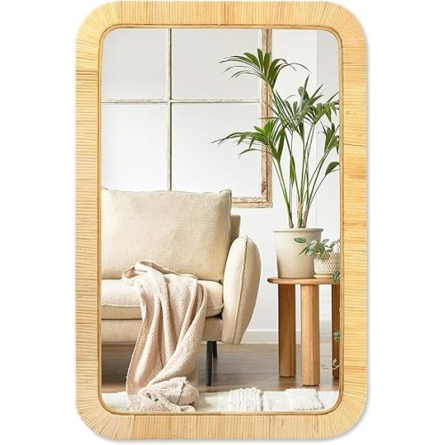 PERFNIQUE Rattan Mirror, 30'' x 20" Rectangle Boho Bathroom Mirror, Decorative Wall Nursery Decor, Rustic Farmhouse Handmade Wicker Mirror for Bathroom Bedroom Entryway Living Room Decor