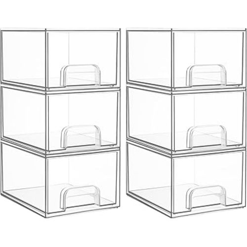 Vtopmart 6 Pack Clear Stackable Storage Drawers, 4.4'' Tall Acrylic Bathroom Makeup Organizer,Plastic Storage Bins For Vanity, Undersink, Kitchen Cabinets, Pantry, Home Organization and Storage